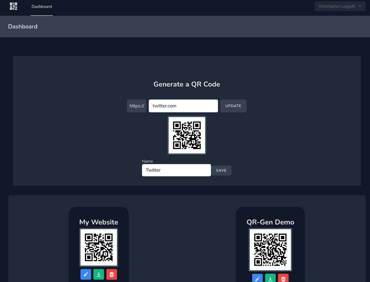 "The Dashboard page where you can manage your saved QR Code Links and add new ones"